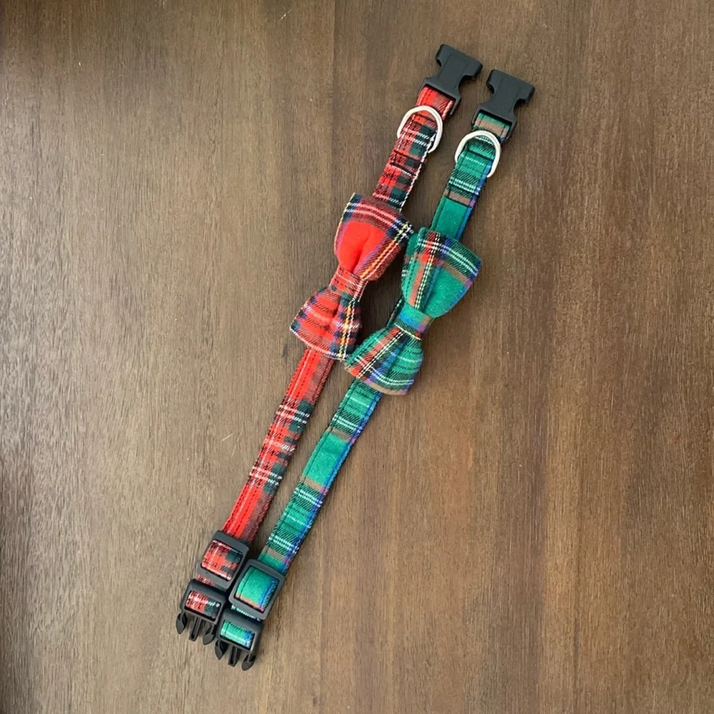 2 Classic Holiday Plaid Flannel Dog Collars (neck 12.9”-15.5”) Size Small